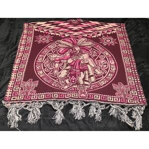 Aztec Calendar Poncho Unisex Burgundy Pink Woven Tassel Reversible